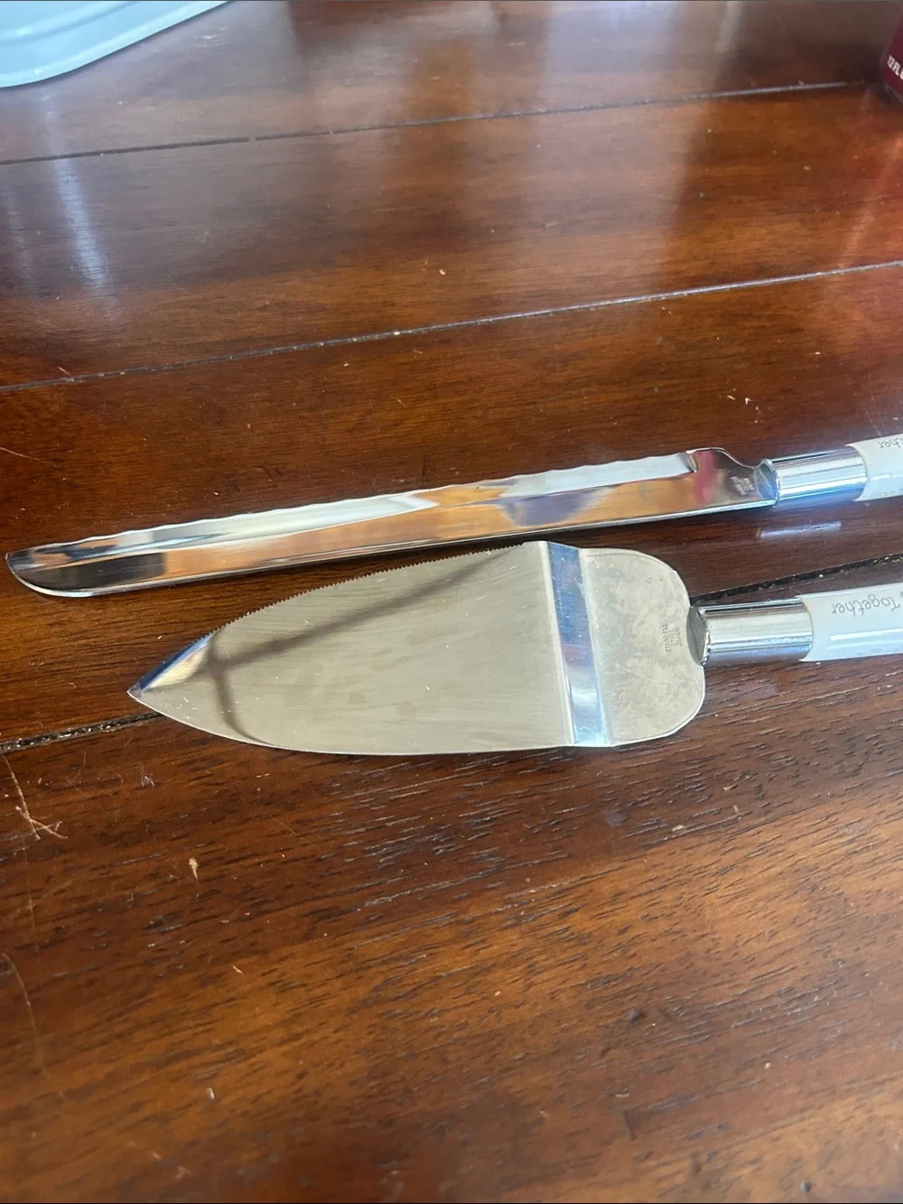 Precious Moments White Handle Cake Server and Serrated Knife Duo
